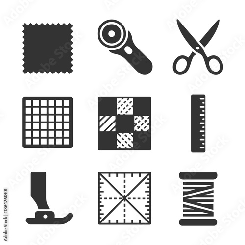 Sewing and quilting tools icon set with scissors, ruler, thread, cutting tools.