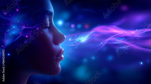 Wallpaper Mural Abstract faceless silhouette dissolving into blue and purple gradients, neon streams of consciousness flowing through orbs and curves, meditative stillness, cosmic calm, defocused  Torontodigital.ca