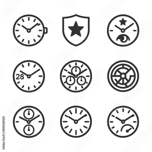 Collection of nine clock and gauge icons with various designs and features.