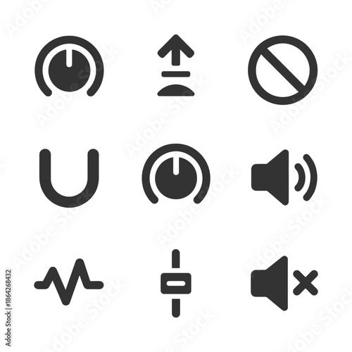 User interface icons: power, upload, mute, no entry, volume, sound wave, equalizer.