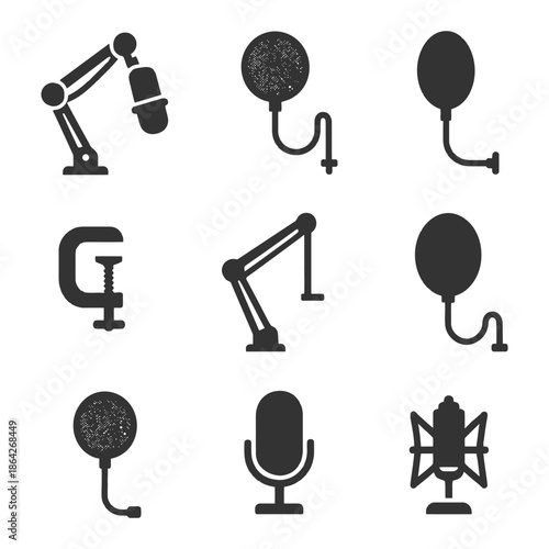 Variety of microphone and stand icons for audio and podcasting.
