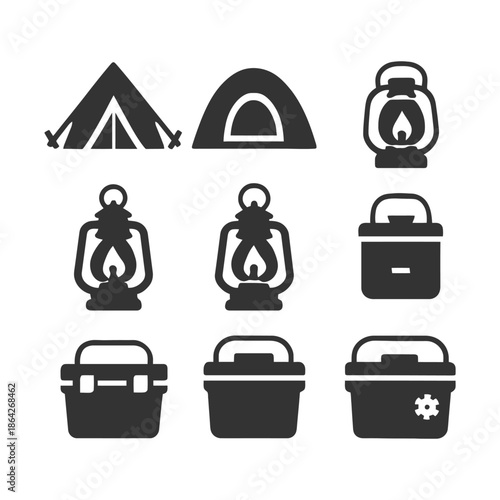 Camping gear icons: tents, lanterns, coolers in black and white design.