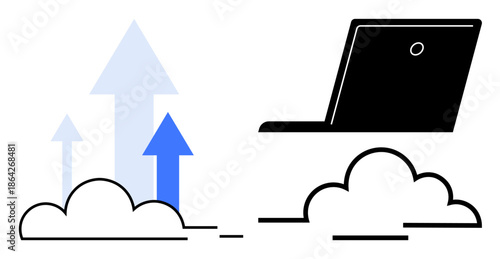 Cloud computing, data storage, technology growth, business analytics, innovation, remote work. Laptop with upward arrows rising from clouds. Cloud computing and data storage symbolism