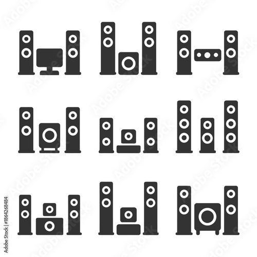 Various home theater speaker system configurations in black icons.
