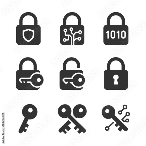 Collection of security icons featuring locks and keys in various designs.