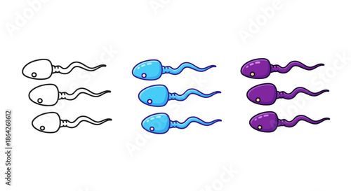 Cartoon illustration of sperm cells in three different color variations: outline, blue, and purple.