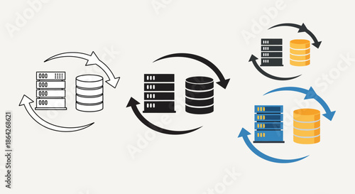 Icons illustrating data synchronization between server and database in various styles.
