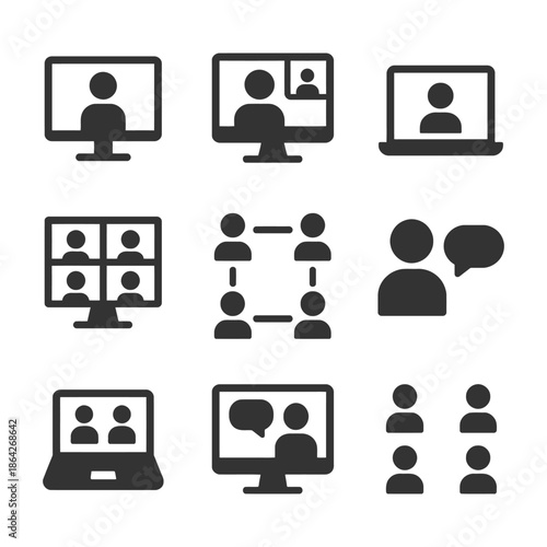 Video conference icons set for virtual meetings and online communication.