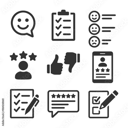 Feedback icons: satisfaction, ratings, checklists, and reviews.