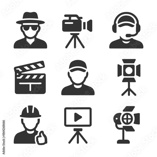 Media production icons set: director, camera, sound, lighting, presentation.