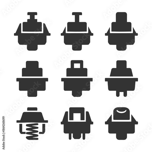 Set of nine mechanical keyboard switch icons in black silhouette style.