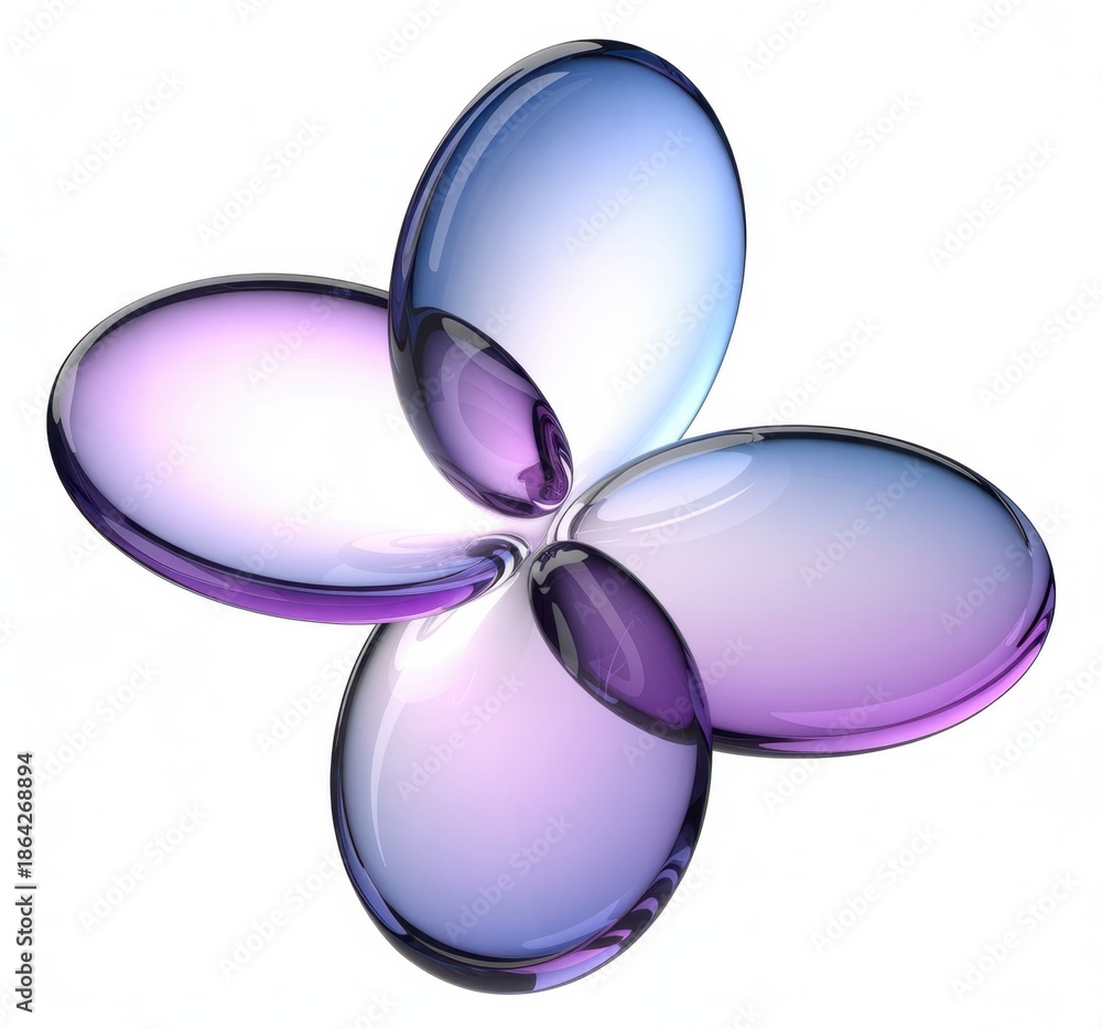 Fototapeta premium Abstract flower with petals of glass holographic round discs. Iridescent geometric figure of transparent circular disks. Crystal plate shapes with purple gradient on light blue bg