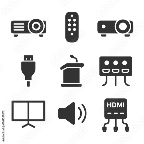 Projector and media equipment icons set: hdmi, remote, usb, sound, display.