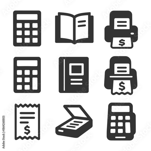 Set of calculator, book, printer, receipt, and scanner icons in black.