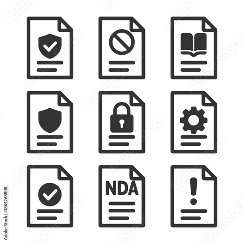 Document icon set featuring security, privacy, and agreement symbols.