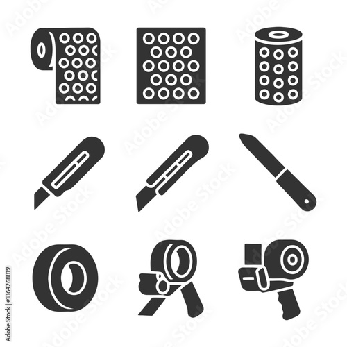Collection of utility icons: tape, cutter, film, and knife in black silhouette style.