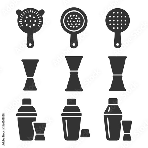 Set of cocktail tools: strainers, jiggers, and shakers in silhouette icons.