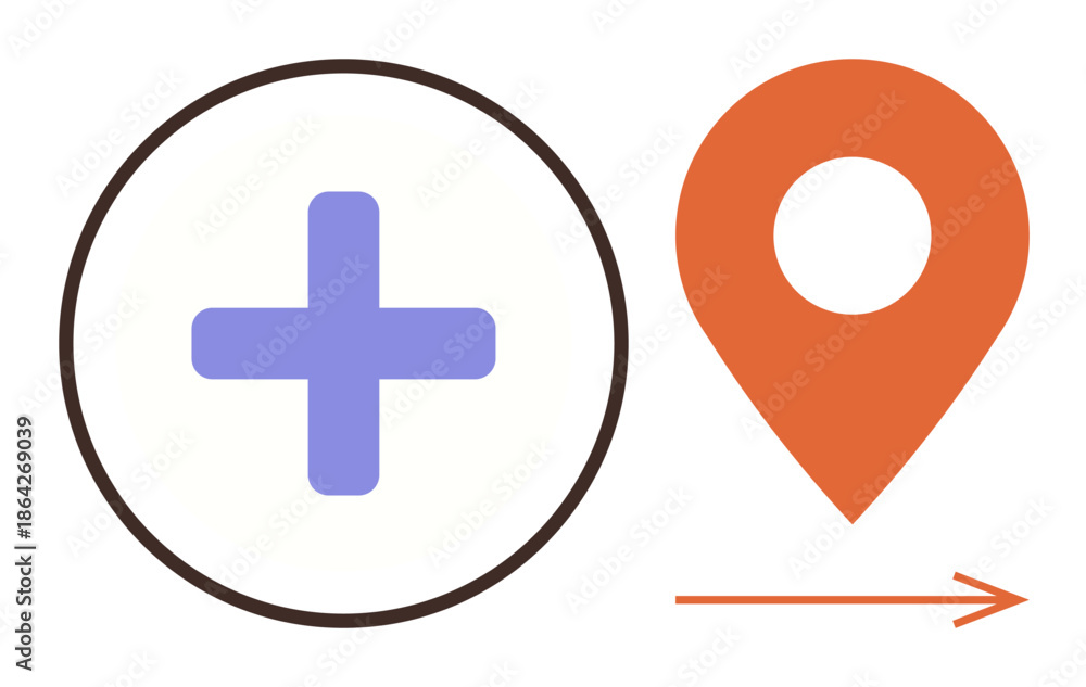 Obraz premium Healthcare navigation, medical support, emergency services, health assistance, location guidance, travel for care. A medical cross inside a circle and an orange location pin with an arrow. Healthcare