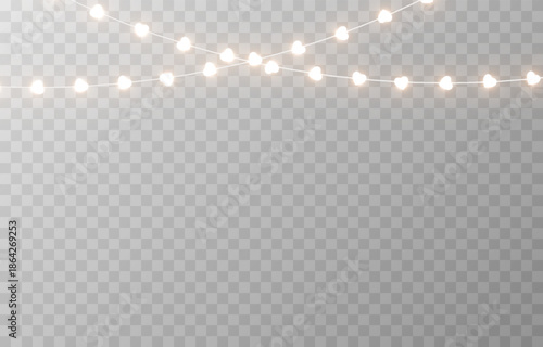 Garland with glowing hearts. Garland with hearts PNG. Light bulbs on the garland in the shape of hearts. Decoration for Valentine’s Day.