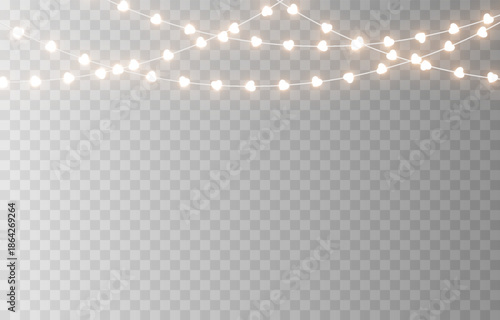 Garland with glowing hearts. Garland with hearts PNG. Light bulbs on the garland in the shape of hearts. Decoration for Valentine’s Day.