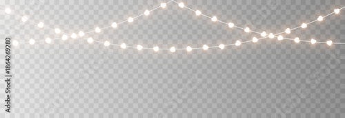 Garland with glowing hearts. Garland with hearts PNG. Light bulbs on the garland in the shape of hearts. Decoration for Valentine’s Day.