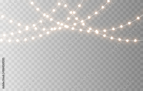 Garland with glowing hearts. Garland with hearts PNG. Light bulbs on the garland in the shape of hearts. Decoration for Valentine’s Day.