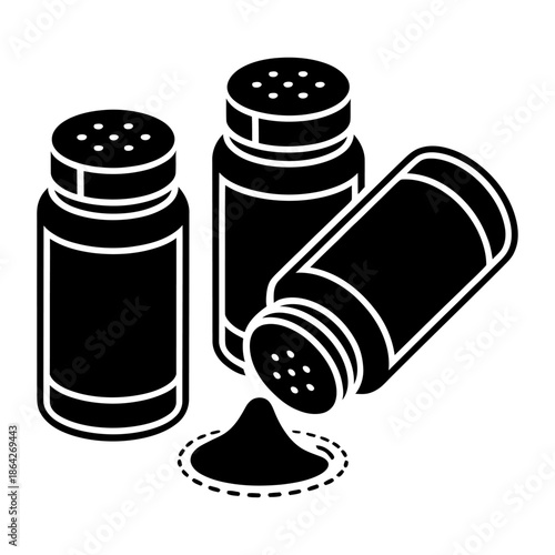 black silhouette vector illustration of salt and pepper spice jars with one spilling its contents, representing seasoning for cooking and food preparation