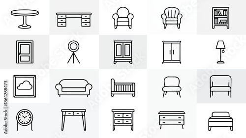 line style furniture and home decor icons set