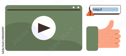Video streaming, media content analysis, social sharing, credibility check, user engagement, data security. A video player, warning icon and thumbs-up symbol. Media content and security concept