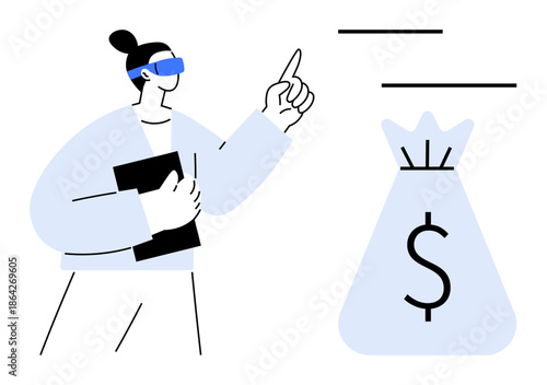 Person wearing VR headset pointing at a money bag with dollar sign. Concept of technology-driven financial growth, fintech, investment, digital assets, and virtual transactions. Ideal for fintech