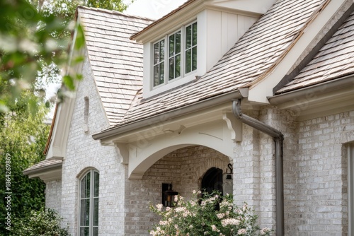 Beautiful house with a gray roof and white brick exterior during the summer season in a quiet neighborhood offering a welcoming entrance with lush greenery