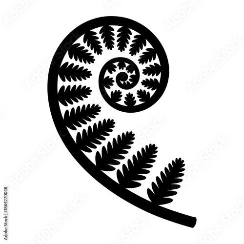black silhouette vector illustration of a fern frond with intricate spiral leaf pattern, symbolizing nature’s elegance and organic growth