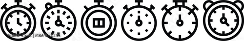 Collection of six black and white line icons representing various time measurement devices for apps and interfaces