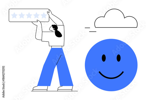 Customer feedback concept. Customer feedback through rating stars, happy face, and cloud element. Customer feedback helps assess satisfaction and improve experiences. For reviews, branding, surveys