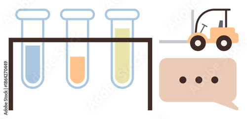 Science, logistics, innovation, collaboration, research, industry processes. Icon-style test tubes, forklift and speech bubble. Science and logistics through modern iconographic elements