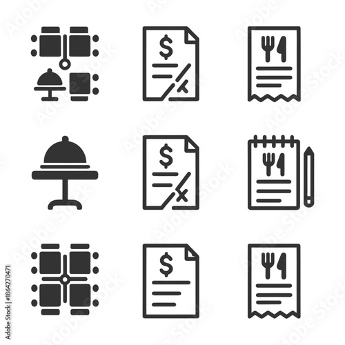 Restaurant and catering icons featuring menus and receipts.
