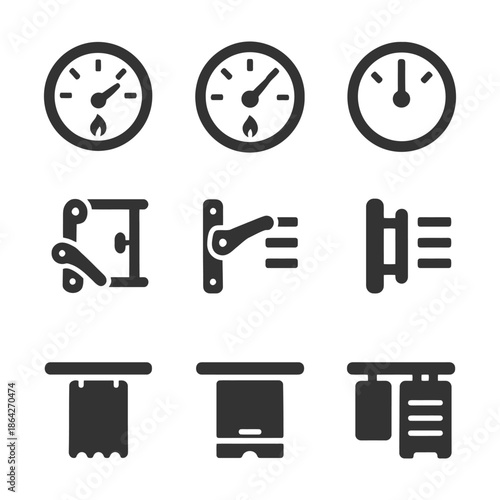 Collection of industrial gauge and control panel icons.