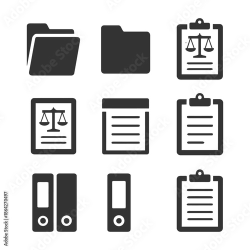 Document and file icon set featuring folders, clipboards, and binders.