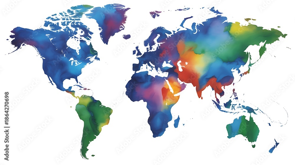 Fototapeta premium Vibrant Abstract World Map Design with Watercolor Texture on White Background