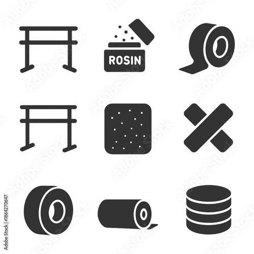 Gymnastics equipment icons: parallel bars, rosin, tape, chalk patterns.