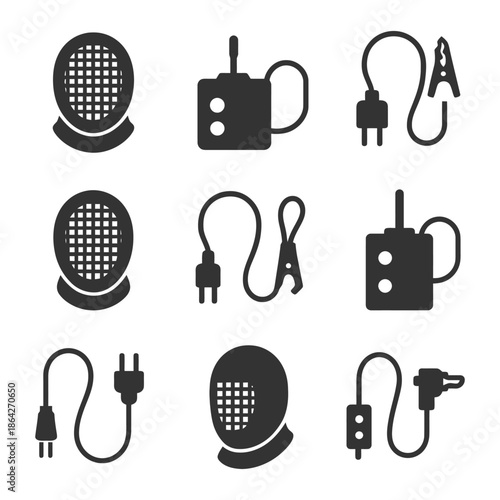 Black silhouette icons of bug zappers, electrical plugs, clamps, and switches.