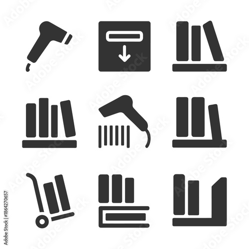 Library and barcode icon set: scanner, bookshelf, cart.