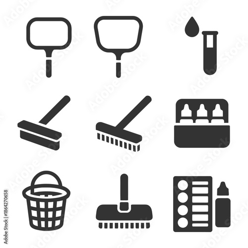 Pool maintenance tools icons: skimmer, test tube, applicator, basket.