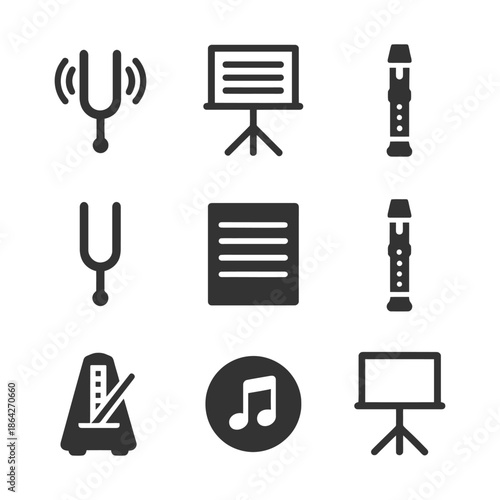 Music education icons: tuning fork, sheet music, recorder, metronome, note.