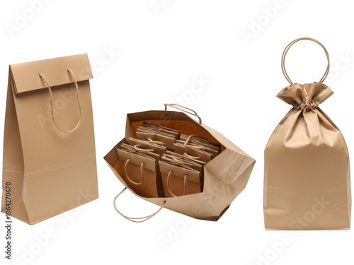 Three paper gift bags in different styles isolated on transparent background
