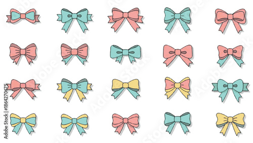 A Collection of Various Bow Designs in Soft Pastel Colors on a White Background, Perfect for Decorative Elements and Crafts