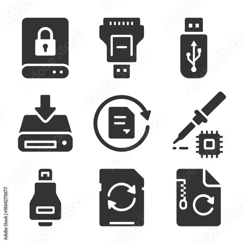 Set of technology icons: usb, hard drive, data transfer, backup, update.