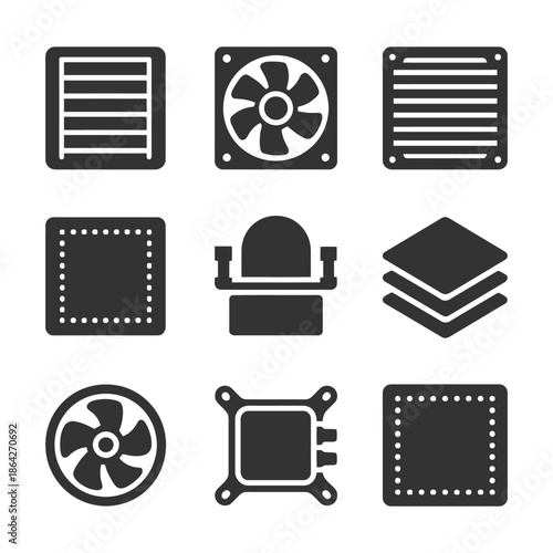 Computer hardware components: fans, processors, grills, and heatsinks icons set.