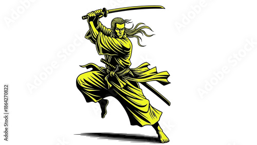 Samurai warrior in dynamic sword fighting stance with long hair