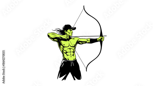 Muscular man in action aiming bow and arrow with focus